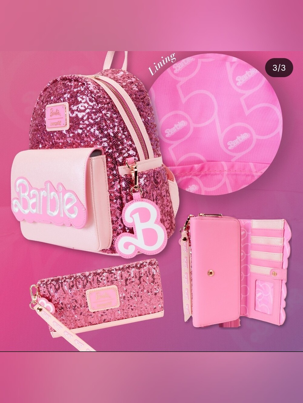 Barbie Kids Pink Sequin Backpack with Matching Wallet & Keychain